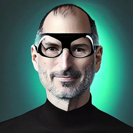 Image similar to “a hyperreal stylized portrait photograph of Steve Jobs wearing an Augmented Reality visor, in the year 2030, cyberpunk”