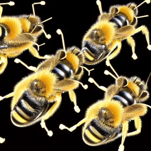 Image similar to portrait of four 3d bees made of metal, shiny, performing onstage like the Beatles