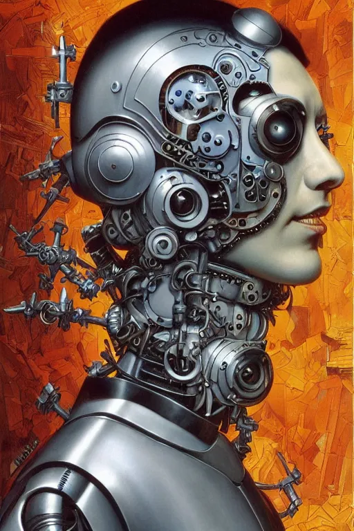Prompt: realistic vibrant ultra clear sideview waist up portrait of mysterious ai cyborg!!! jigsaw saw by marc simonetti mike mignola jeff easley peter elson rene magritte, embellishments by maria sibylla merian, symmetry face, baroque, gothic, surreal, highly detailed, intricate complexity, epic composition, masterpiece award winning artstation