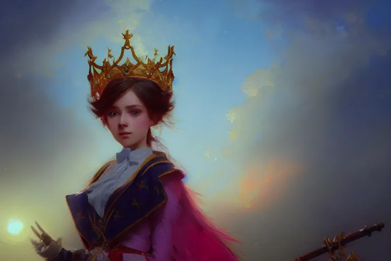 Image similar to Portrait of magical girl, wearing crown of bright feathers, painting by Ivan Aivazovsky and Greg Rutkowski, artstation, fantasy, intricate, beautiful, cinematic, octane render, arnold render, 8k, hyper realism, detailed, sharp focus, 4k uhd, masterpiece, award winning