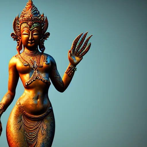 Image similar to render of a very beautiful 3d mermaid bodhisattva, mid-shot, highly detailed, trending on Artstation, Unreal Engine 4k