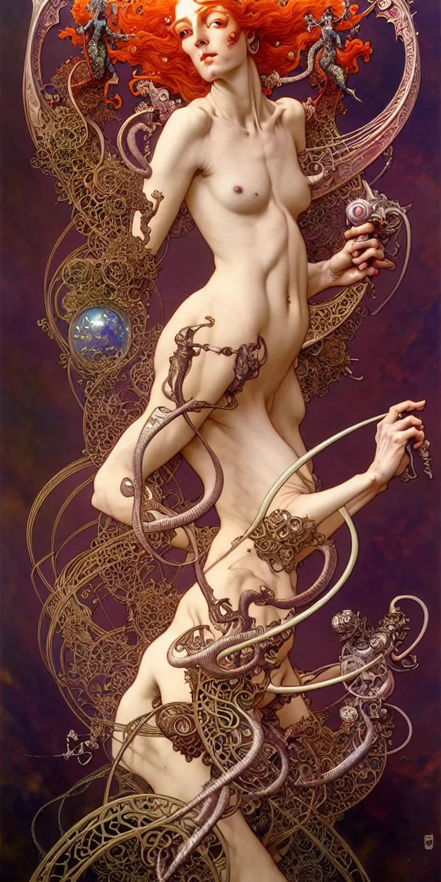 Image similar to beautiful ardhnarishwar art nouveau fantasy character portrait, ultra realistic, intricate details, the fifth element artifacts, highly detailed by peter mohrbacher, hajime sorayama, wayne barlowe, boris vallejo, aaron horkey, gaston bussiere, craig mullins alphonse mucha, arty nouveau curves and spirals,