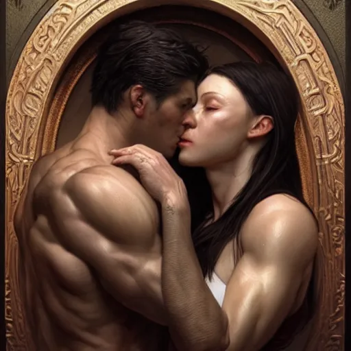 Image similar to portrait painting of muscular couple kissing, ultra realistic, concept art, intricate details, eerie, highly detailed, photorealistic, octane render, 8 k, unreal engine. art by artgerm and greg rutkowski and alphonse mucha