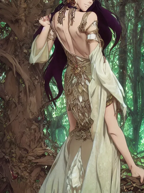 Image similar to anime key visual of amora the enchantress with her back to the camera wearing a medieval gown!! intricate, magical forest, stunning, highly detailed, digital painting, artstation, smooth, hard focus, illustration, art by artgerm and greg rutkowski and alphonse mucha