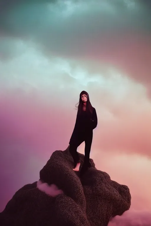 Image similar to high quality pastel coloured film close up wide angle photograph of a model wearing clothing resting on cloud furniture in a icelandic black rock!! environment in a partially haze filled dreamstate world. three point light, rainbow. photographic production. art directed. pastel colours. volumetric clouds. pastel gradient overlay. waves glitch artefacts. extreme facial clarity. 8 k. filmic.