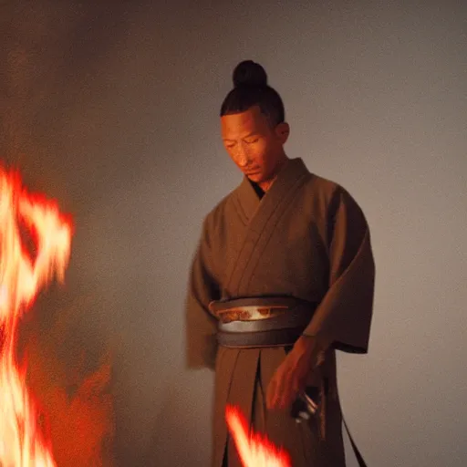 Image similar to cinematic film still Pharrell Williams starring as a Samurai holding fire, Japanese CGI, VFX, 2003, 40mm lens, shallow depth of field,film photography