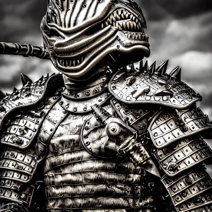 Prompt: photo of a warrior with metal crocodile themed armour, highly detailed, 4 k, hdr, smooth, sharp focus, high resolution, award - winning photo