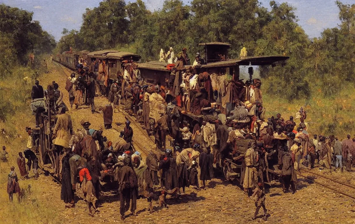 Prompt: railroad train travelling in rural nigeria, 1885, highly detailed oil on canvas, by Ilya Repin