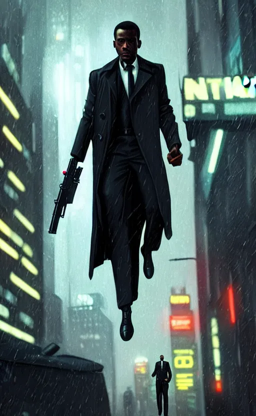 Prompt: hyper - realistic, digital matte painting of an attractive black male detective holding a blaster, wearing a suit and trench coat, blade runner environment, cinematic lighting, 4 k textures, sharp focus, by greg rutkowski, by ilya kuvshinov, by eric - anthony johnson