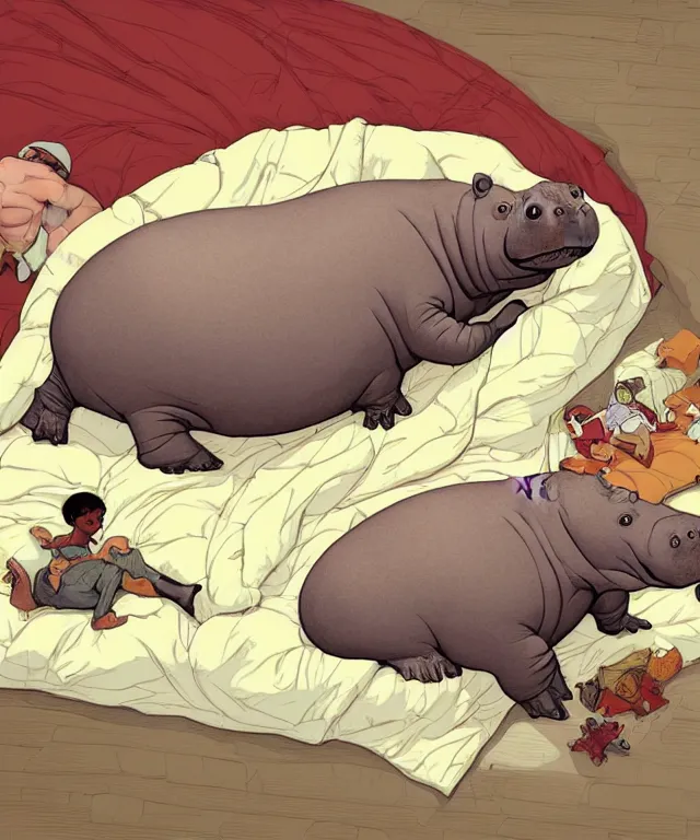 Image similar to hippo lying in bed, half covered blanket, centered composition, digital painting, artstation, concept art, kids book illustration, sharp focus, octane render, illustration, art by geof darrow,