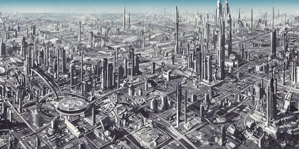 Prompt: retrofuturist city, 1 9 5 0's sci - fi style,