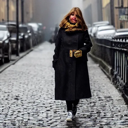 Image similar to A smirking woman in a dark coat lights a cigarette with an ornate gold lighter. She stands in a cobblestone street. The sky is a hazy gray, and her hair resembles a burnished halo. Her eyes are lined with blue kohl that glistens in the light, and her lips are painted red. A chill wind sweeps down the street.