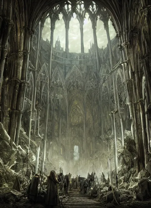 Prompt: medieval adventurers in lord of the rings scenery landscape, inside an enormous overgrown cathedral made of bones, water, reflections, magic portal,, highly detailed, cinematic lighting, vivid colors, perfect composition, 4 k, gustave dore, derek zabrocki, greg rutkowski, belsinski, octane render