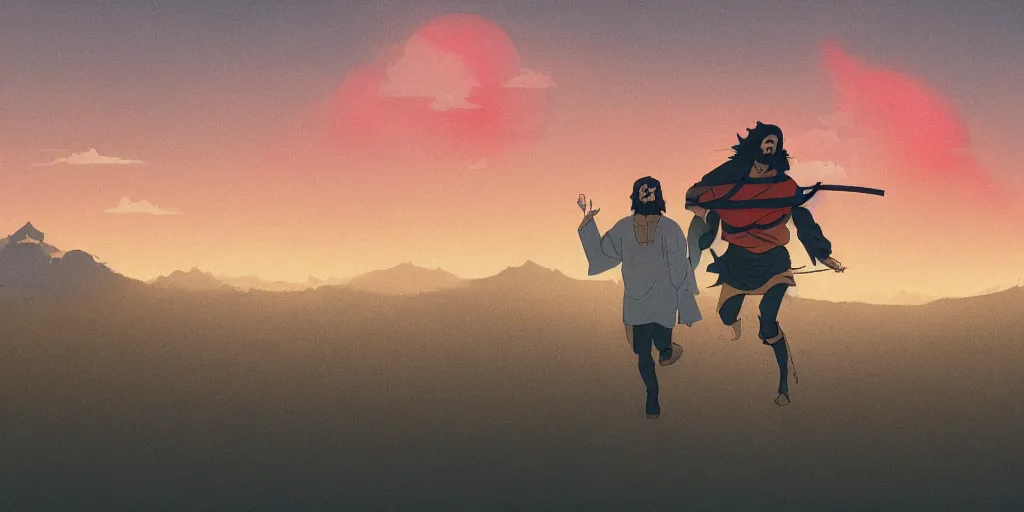 Image similar to Rule of Thirds focusing on Jesus christ representing a samurai running, jesus happy, Portrait, Very Cloudy Sky, Sun, Neon Lights, Rule of Thirds, perspective, Retrofuturism, Studio Ghibli, Simon Stålenhag