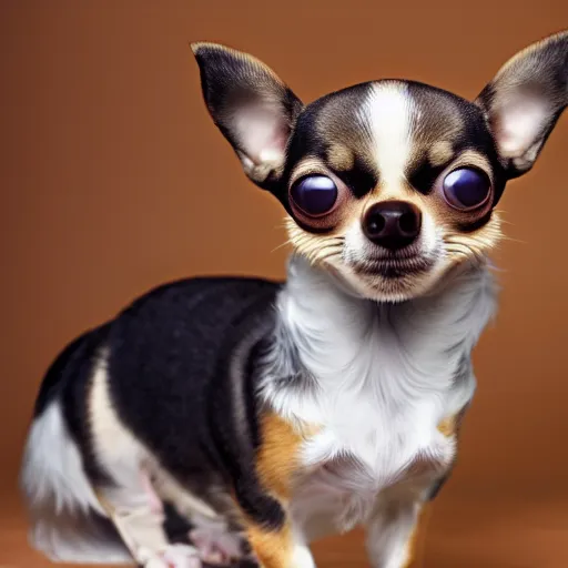 Prompt: studio photo of a chihuahua cat hybrid with feline face, 4k