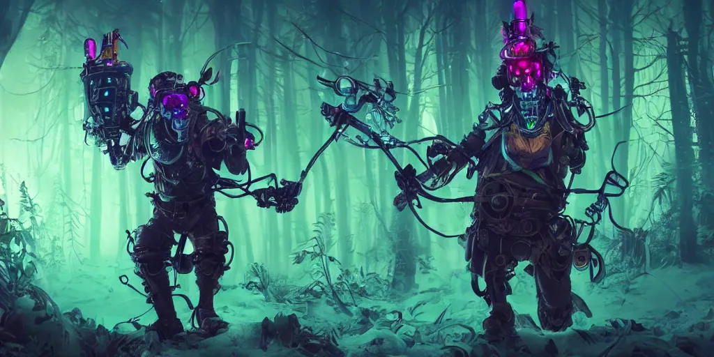 Image similar to gamekeeper hunting for mystical forest monster and wearing a steampunk and neonpunk mechanical fluorescent mystical animal mask realism in style of fornite game. full body, product introduction photos. bio luminescent, plasma, ice, water, wind, creature, artwork by tooth wu and wlop and beeple and greg rutkowski, epic cinematic shot, perfectly defined features, ambient occlusion