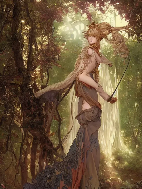 Image similar to anime key visual of amora the enchantress wearing a medieval gown!! intricate, magical forest, stunning, highly detailed, digital painting, artstation, smooth, hard focus, illustration, art by artgerm and greg rutkowski and alphonse mucha