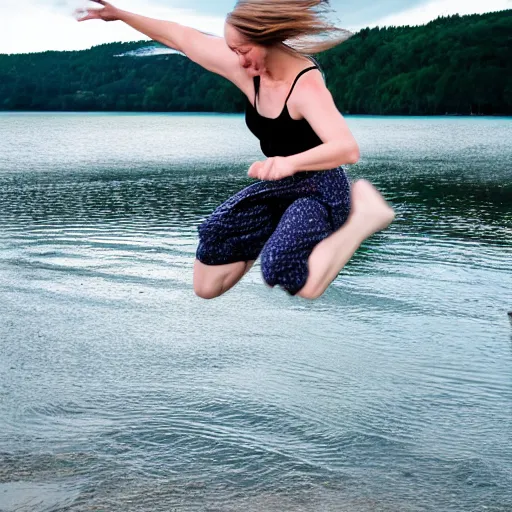 Prompt: woman jumping at water, fast shutter speed, high speed, action photo, 1 / 1 0 0 0 sec shutter