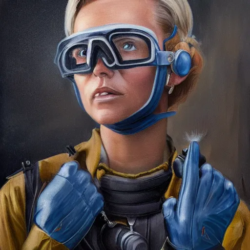 Image similar to square - jawed emotionless serious blonde woman starship engineer, tribal tattoos, handsome, short slicked - back hair, sweating, uncomfortable and anxious, looking distracted and awkward, wearing victorian dark goggles, dirty flight suit and gloves, small spacecraft in background, highly detailed, oil painting, trending on artstation