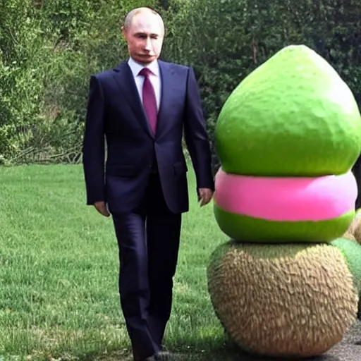 Image similar to vladimir putin dressed in a pink avocado costume