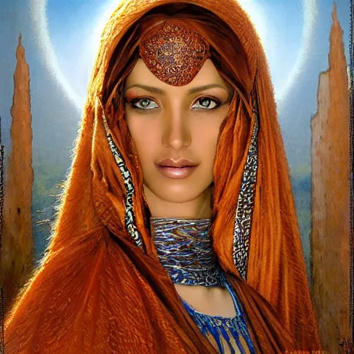 Image similar to a beautiful touareg algerian woman by karol bak, ayami kojima, artgerm, sakimichan, arabian beauty, blue eyes, smile, concept art, fantasy