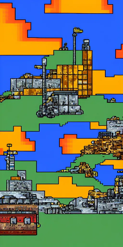 Prompt: 2D post-industrial landscape with distorted clouds, 8 bits graphics, flat, SNES game, crushed quality, low contrast, low light, color gradient, low saturation, heavy color compression filter, melting pixels