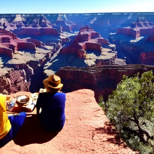 Prompt: im sitting at the bottom of the grand canyon having a picnic, photograph, 8 k, award winning