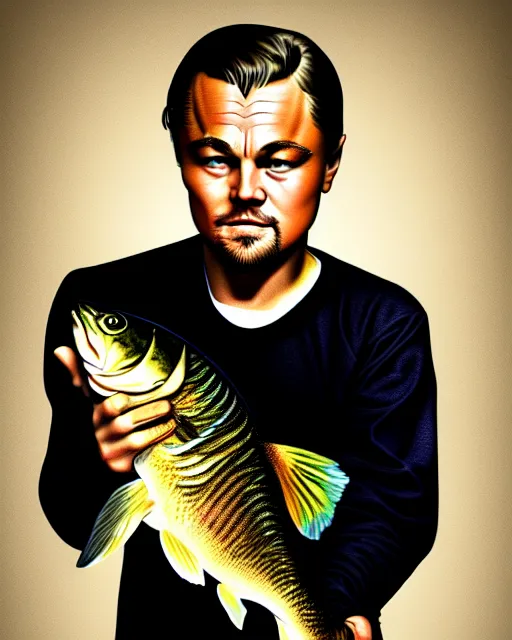 Image similar to photograph of leonardo dicaprio holding a carp in his both hands. movie poster, illustration by bartek fedyczak, erak note, tooth wu, neil richards, kan liu, siwoo kim, jisu choe, trending on art station