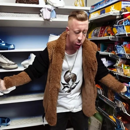 Prompt: Macklemore yelling at Goodwill, head in hands