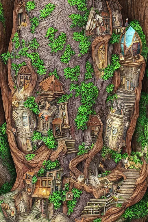 Prompt: fantasy art of a miniature city carved into the trunk of a single colossal tree in the forest, awe - inspiring, highly detailed digital art