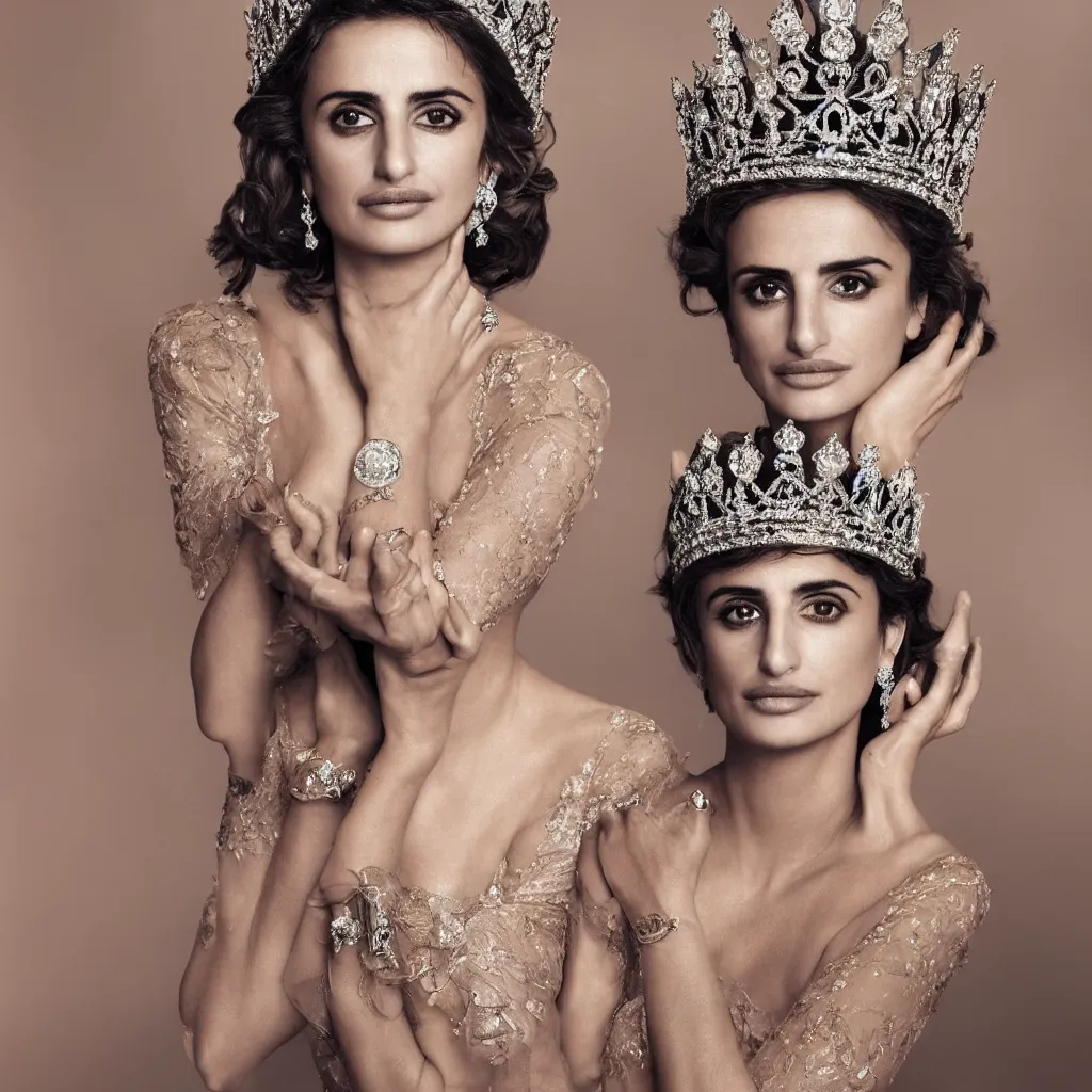 Image similar to penelope cruz as the queen of england, big crown adorned with emerald, diamonds, topaz and other jewellaries, sensual, beautiful soft light failling on her face, zoomed out, studio photography, nikon 3 5 mm portrait photography, ultra realistic