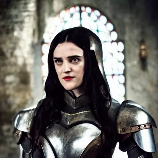 Prompt: Katie McGrath as Morgana wearing a suit of medieval-style magic power armor