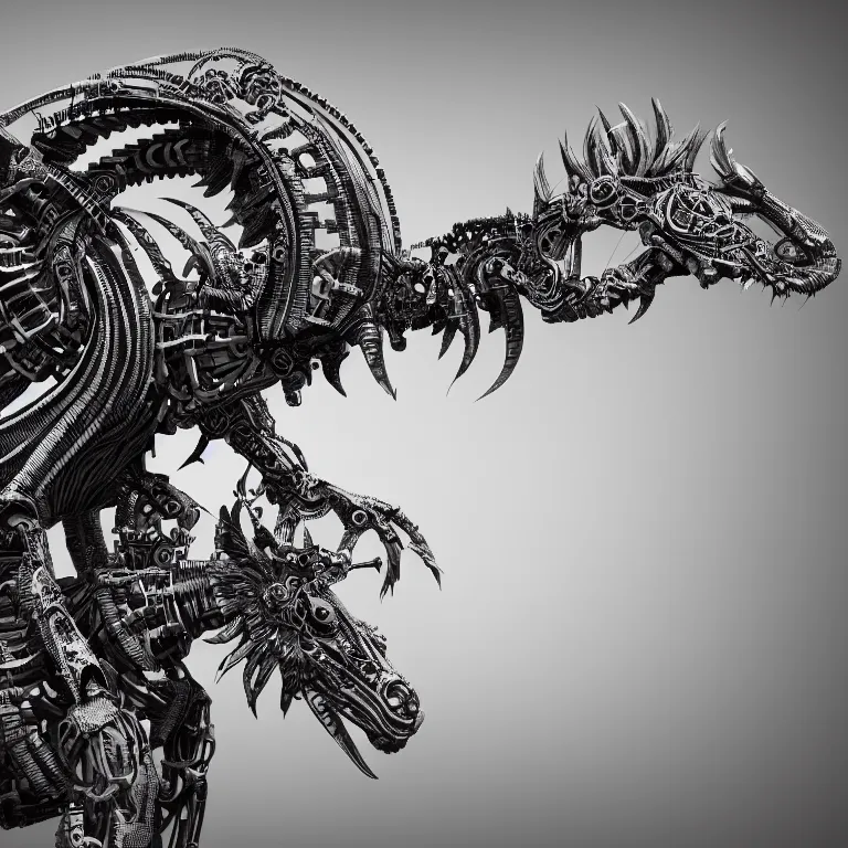 Image similar to surreal biomechanical spinal ribbed tribal exotic organic animal mechanical cyborg, beautiful detailed intricate insanely detailed BW 3D render digital art, octane render, 8K artistic photography, photorealistic
