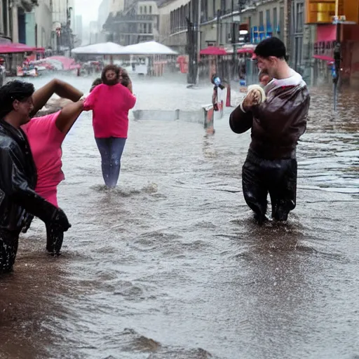 Image similar to people on street get flooded on chocolate liquid rain,