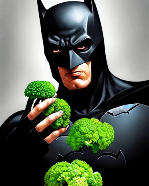 Image similar to Close-up stunning portrait of Batman eating broccoli, digital painting, concept art, highly detailed, digital painting, Trending on Artstation, 8K, by artgerm and greg rutkowski and alphonse mucha