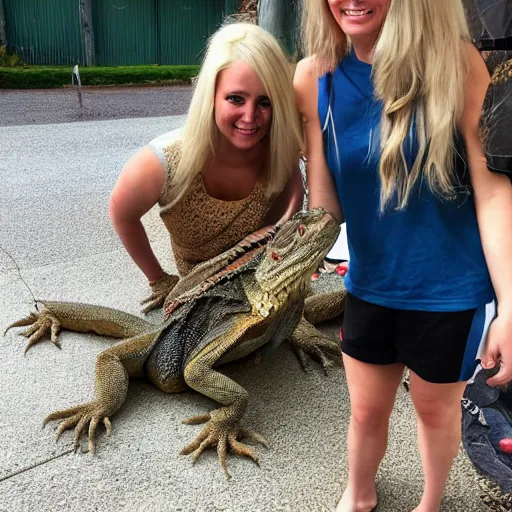 Image similar to a giant bearded dragon hanging out with blonde hair women