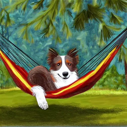 Prompt: brown border collie relaxing in a hammock drinking hot chocolate, digital painting