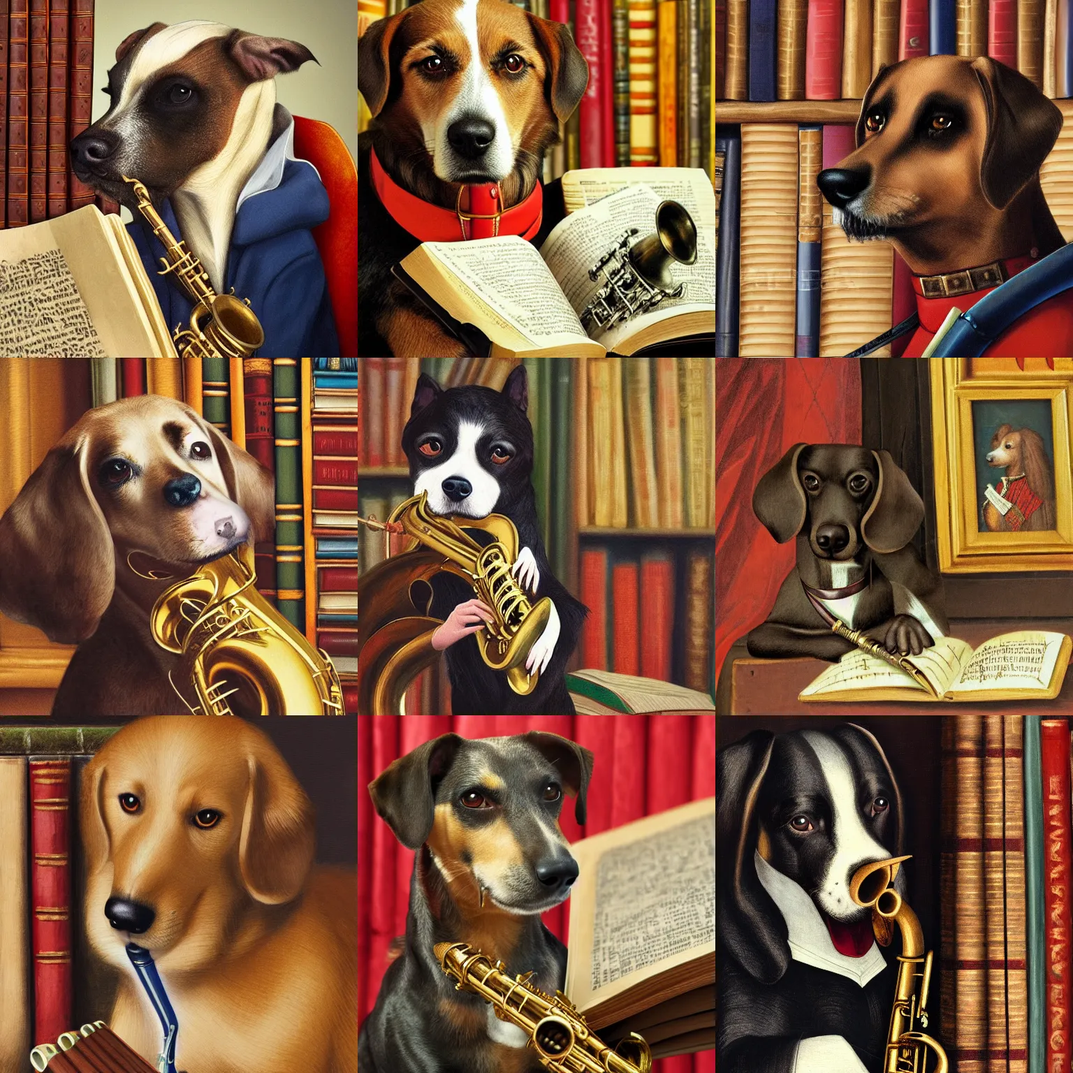 Prompt: dog with saxophone, books in the background, medieval portrait, close up