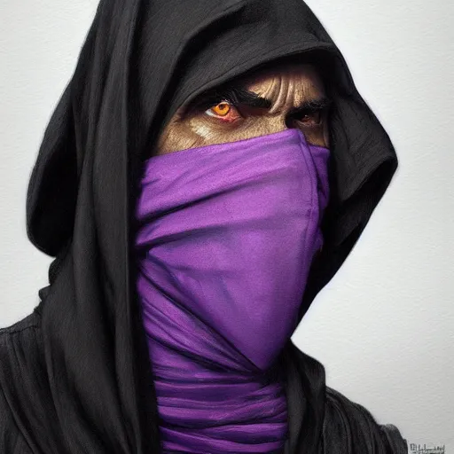 Image similar to ultra realistic illustration, man in a black hood, in a striped purple balaclava, mysterious, highly detailed, digital painting, artstation, concept art, smooth, sharp focus, illustration, art by artgerm and greg rutkowski and alphonse mucha