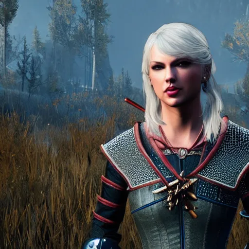 Image similar to Taylor Swift in The Witcher 3, gameplay, 8k, HD