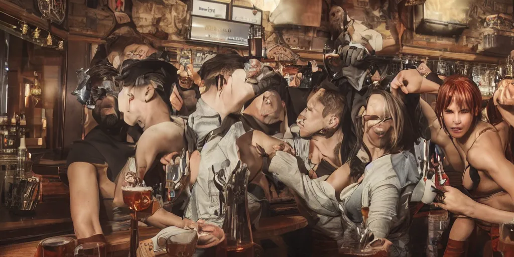 Image similar to a photo of a bar fight inside a pub between attractive cosplayers, Leica, symmetrical faces, muscles, detailed faces, accurate faces, 4k, 3D render, hyperrealism, editorial, photorealistic, crisp details, sharp focus, wide angle lens, octane render, cinematic lighting