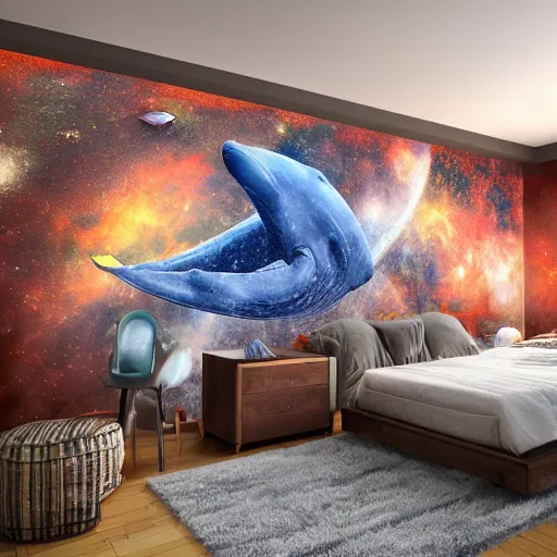 Prompt: a cozy bohemian bedroom interior with wall murals of space whales, detailed, high resolution, wow!, intricate, volumetric lighting, raytracing