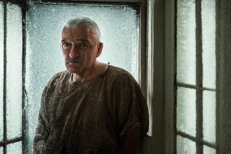 Prompt: a cinematic painting of an old male prisoner inside of jail cell looking out of a small frosted window, beautiful lighting, high depth, ultra realistic, artistic, by gregory crewdson, blue color theme