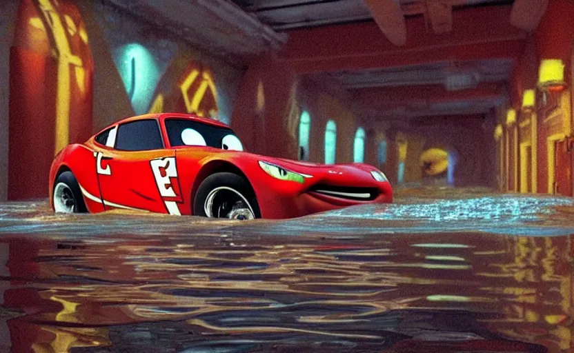 Image similar to lightning mcqueen from cars in a flooded fractal hallway, romance novel cover, in 1 9 9 5, y 2 k cybercore, low - light photography, still from a ridley scott pixar movie