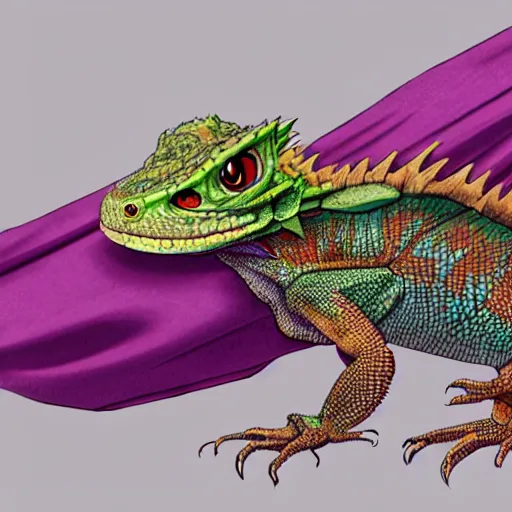 Prompt: concept art painting of an anthropomorphic anime style humanoid bearded dragon lizard wearing magenta wizard robes, in the deep forest, realistic, detailed, cel shaded, in the style of makoto shinkai and greg rutkowski and james gurney