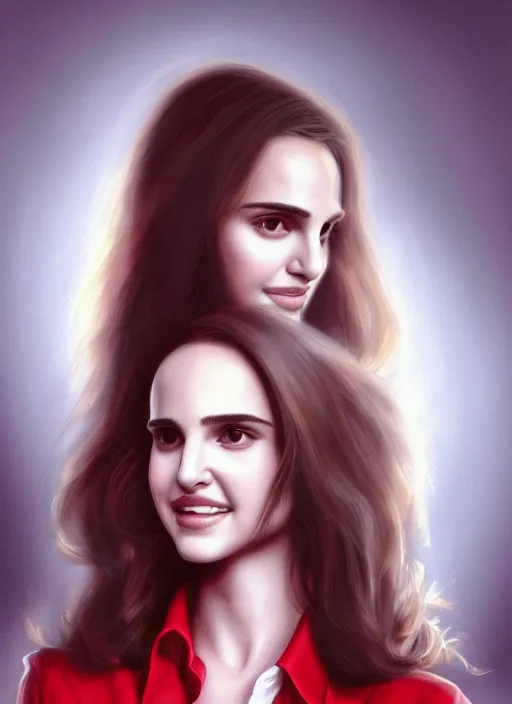 Image similar to portrait of teenage natalie portman, long haircut, flowing dark hair, white shirt, red tie, smiling kindly, forest at background, 1 9 8 0 s, intricate, elegant, glowing lights, highly detailed, digital painting, artstation, concept art, smooth, sharp focus, illustration, art by wlop, mars ravelo and greg rutkowski