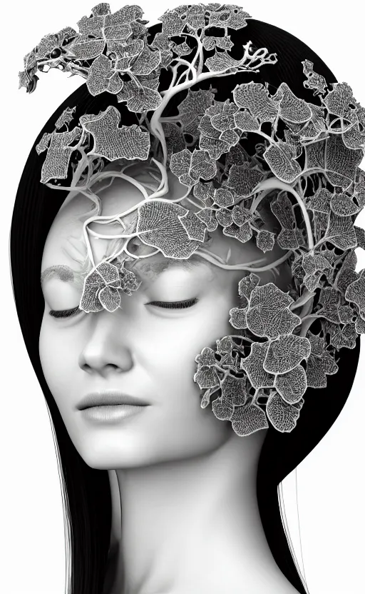 Image similar to a black and white 3D render of a beautiful profile face portrait of a female vegetal-dragon-cyborg, 150 mm, orchid stems, ivy, fine vegetal lace, Mandelbrot fractal, anatomical, flesh, facial muscles, microchip, veins, arteries, full frame, microscopic, elegant, highly detailed, flesh ornate, elegant, high fashion, rim light, octane render in the style of H.R. Giger