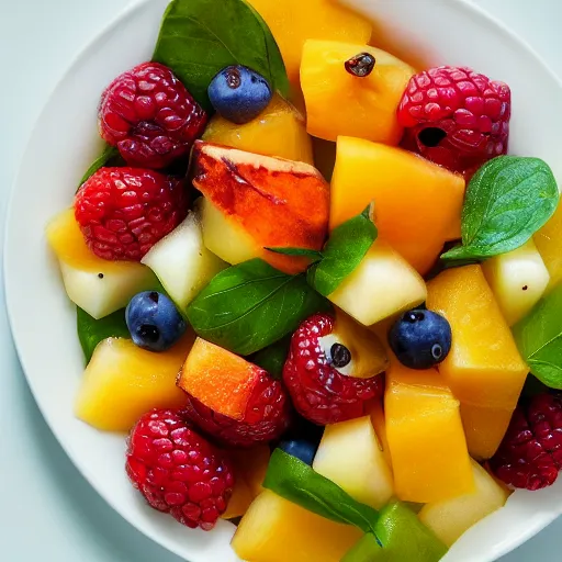 Image similar to a mouth - watering sharon fruit salad served with garlic dressing, 8 k resolution, food photography, studio lighting, sharp focus, hyper - detailed