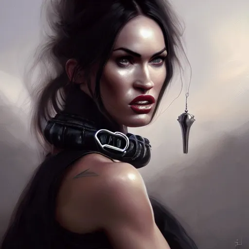 Image similar to portrait of megan fox with ball gag in mouth, muscular upper body, collar, greek, jewelry, black dress, fantasy, intricate, elegant, highly detailed, digital painting, artstation, concept art, matte, sharp focus, illustration, art by aenaluck and roberto ferri and greg rutkowski, epic fantasy, digital painting