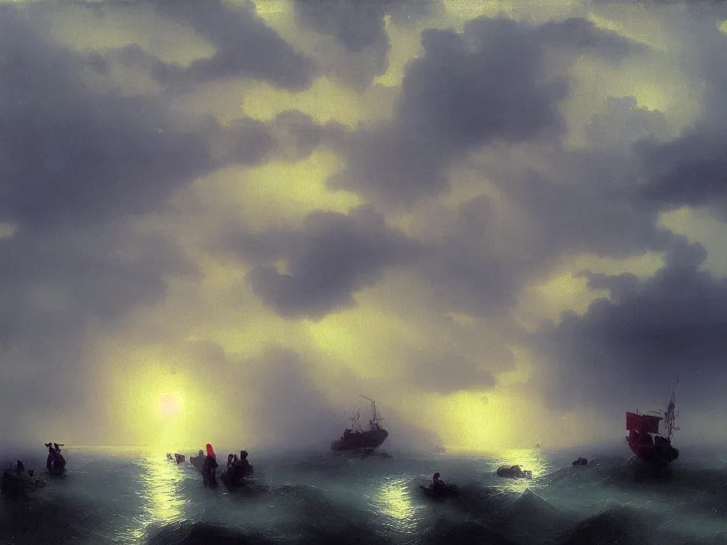 Image similar to heavy rain in south korea, bridges and buildings under water, beam of light through dark clouds, by Aivazovsky